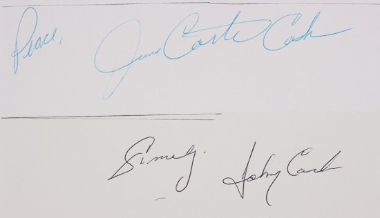 JOHNNY CASH: JOHNNY CASH (1932-2003) American country music and rock music singer and songwriter and the husband of June Carter Cash. Very early full signature cut from a guest book, along with that of his wife, J