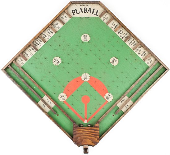 "PLABALL" BASEBALL PINBALL GAME: "PLABALL" BASEBALL PINBALL GAME Antique "PLABALL" baseball pinball game, 18 1/2" square, wood construction with green painted surface dotted with nails which would impede and redirect a marble or ball