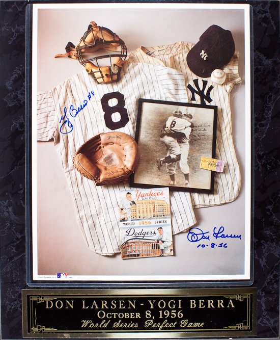 WORLD SERIES PERFECT GAME: WORLD SERIES PERFECT GAME Signed photo commemorating the New York Yankees World Series "perfect" game on Oct. 8, 1956. Boldly signed by pitcher DON LARSEN who adds the date of the game, and by his cat