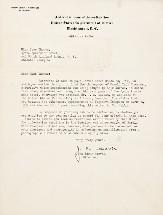 J. EDGAR HOOVER: J. EDGAR HOOVER (1895 - 1972) Controversial Director of the F.B.I. who built the organization into the world's finest investigative agency. Good content T.L.S. on FBI letterhead, 1p. 4to., Washington,
