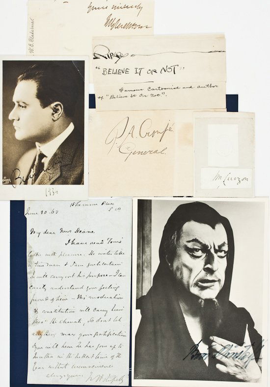 AUTOGRAPH MISCELLANY: AUTOGRAPH MISCELLANY A real mixed-bag of autographs for the wide-ranging (or utterly confused) collector. Included are signatures of cartoonist ROBERT RIPLEY, Prime Minister WILLIAM GLADSTONE, Boer Ge