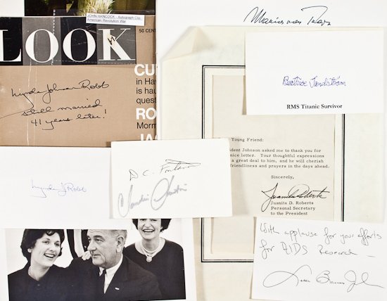 AUTOGRAPH MISCELLANY: AUTOGRAPH MISCELLANY A real mash-up of autographs, includes signatures of TITANIC survivor BEATRICE SANDSTROM, Lyndon Johnson's daughters LUCI BAINES JOHNSON and LYNDA JOHNSON ROBB (2), and Star Trek 