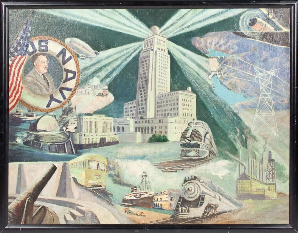 W.P.A. PAINTING WITH FRANKLIN ROOSEVELT: W.P.A. PAINTING WITH FRANKLIN ROOSEVELT WPA related o/c, features F.D.R., locomotive, etc., unsigned. 29" x 22 1/4", framed.