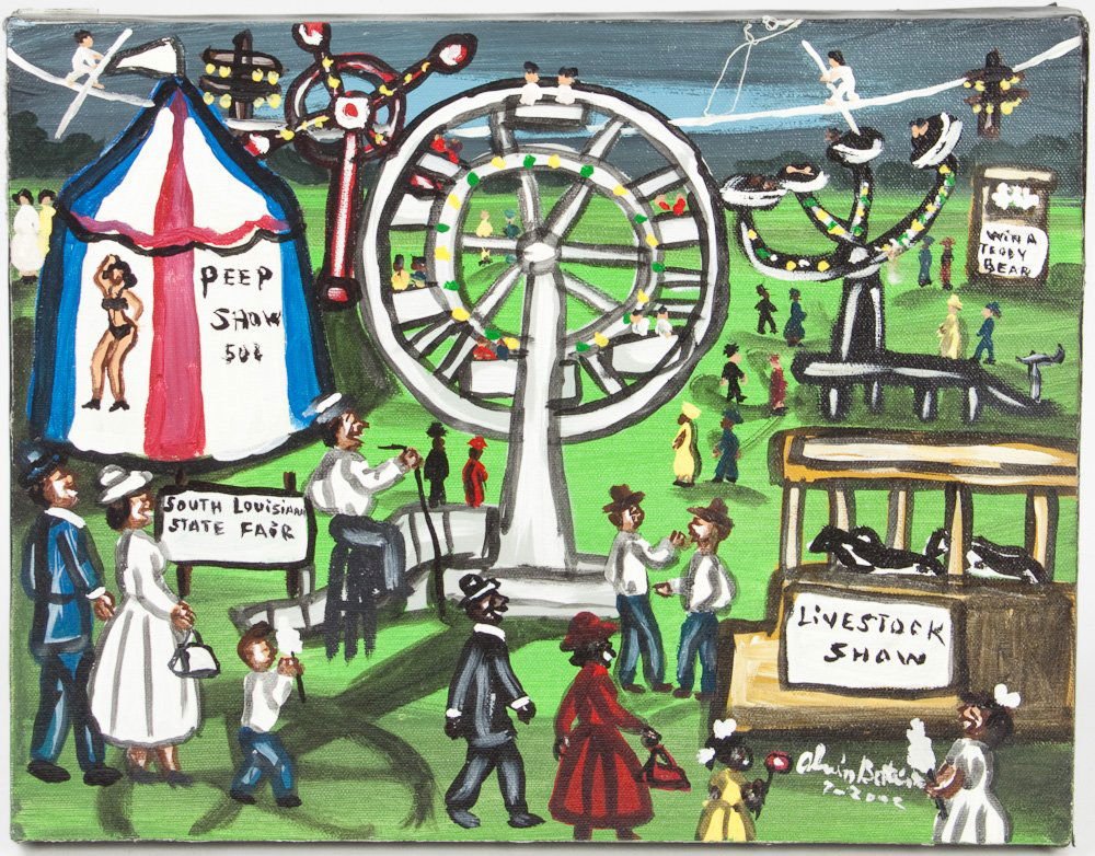 PRIMITIVE PAINTING "LOUISIANA STATE FAIR" - ALVIN: PRIMITIVE PAINTING "LOUISIANA STATE FAIR" - ALVIN BATISTE Alvin Batiste. Louisiana primitive artist widely commissioned, including by Billy Bob Thornton for an album cover. Acrylic on canvas, "Louisia