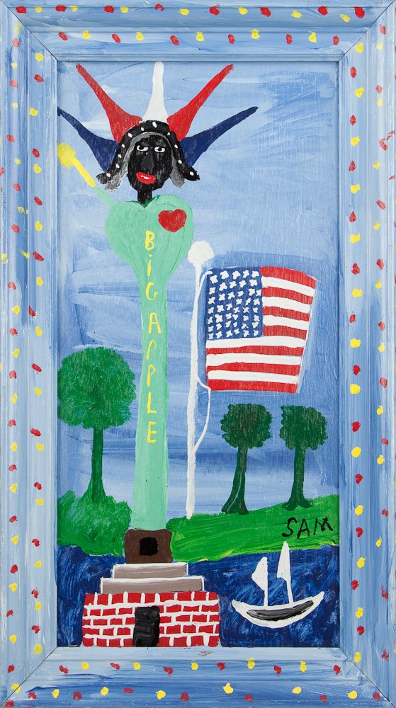 FOLK ART PAINTING - SAM EZELL: FOLK ART PAINTING - SAM EZELL Sam Ezell. North Carolina folk artist. Oil on board, an image of the Statue of Liberty, signed, in a decorated frame. 16" x 28 1/4".