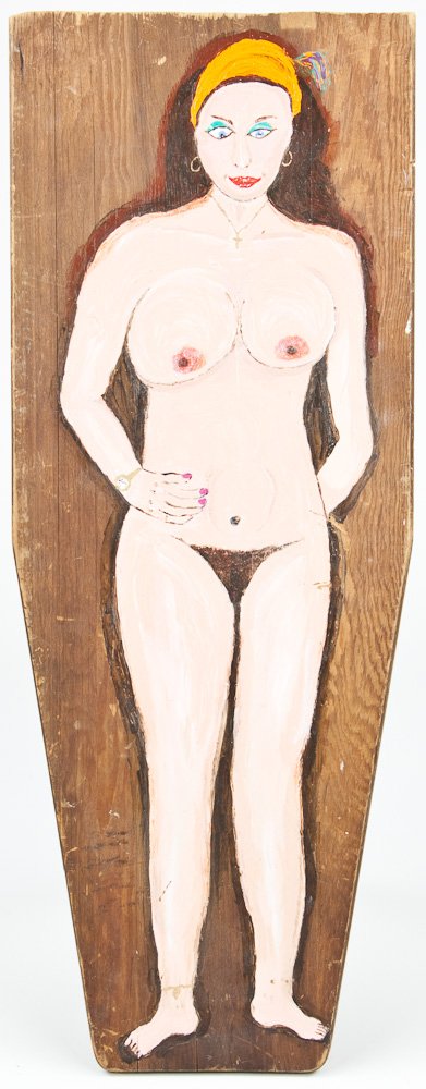 FOLK ART PAINTING "NUDE RONDA" - THOMAS PRESTON: FOLK ART PAINTING "NUDE RONDA" - THOMAS PRESTON Thomas Preston. New York "surreal" folk artist. Nude oil on board, "Nude Ronda 2000", signed. 11 1/4" x 30", unframed.