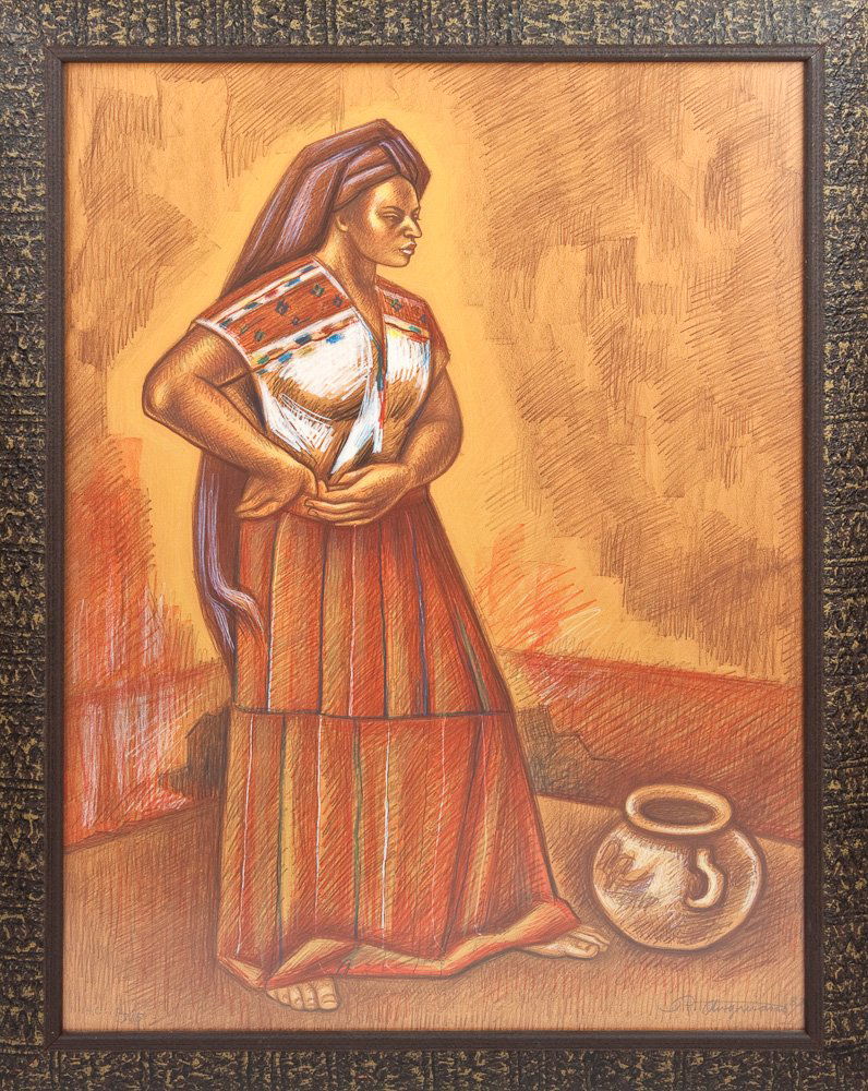 SOCIAL REALIST SIGNED PRINT - RAUL ANGUIANO: SOCIAL REALIST SIGNED PRINT - RAUL ANGUIANO Raul Anguiano. (1915-2006) Mexican painter, part of the "second generation" of Mexican muralists which continued the tradition of Diego Rivera, José Clemen