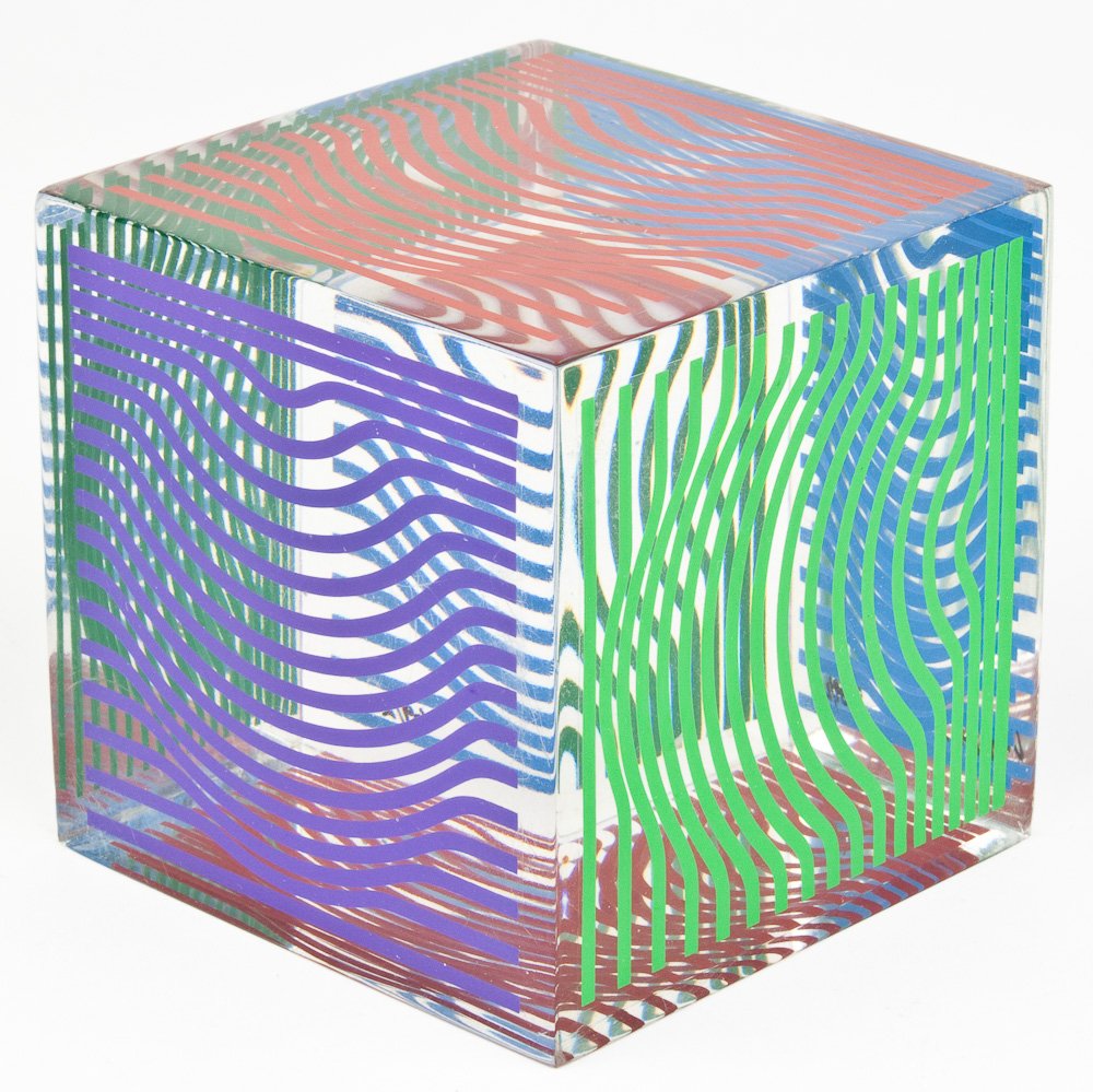 VICTOR VASARELY POP ART SCULPTURE CUBE "MOIRE WAVE": VICTOR VASARELY POP ART SCULPTURE CUBE "MOIRE WAVE" Victor Vasarely (1906 1997) Hungarian–French artist, who is widely accepted as a "grandfather" and leader of the short-lived op art movement. Luci
