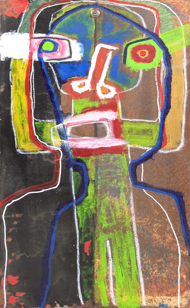 ABSTRACT WALL HANGING "FUEL FAMILY" - BOB HOKE: ABSTRACT WALL HANGING "FUEL FAMILY" - BOB HOKE Bob Hoke. Painted steel wall hanging, "Fuel Family", painted on what was once the front panel of a fuel pump. Signed on the reverse. 16" x 30".