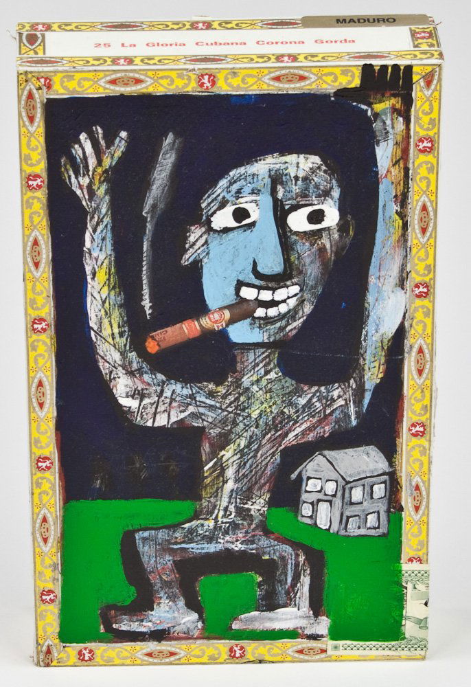 OUTSIDER PAINTING ON A CIGAR BOX - T-MARIE NOLAN: OUTSIDER PAINTING ON A CIGAR BOX - T-MARIE NOLAN T Marie Nolan. Missouri outsider artist, exhibited at the Slotin Folk Fest, House of Blues, and Kentuck events. Signed painting on a cigar box. 6 1/2"