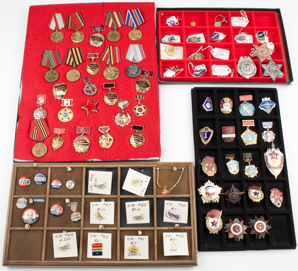 RUSSIAN MEDALS AND AMERICAN POLTITICAL ITEMS: RUSSIAN MEDALS AND AMERICAN POLTITICAL ITEMS A large selection of Russian medals and commemorative badges, also some American commemorative pins, election buttons, pins, badges, etc.