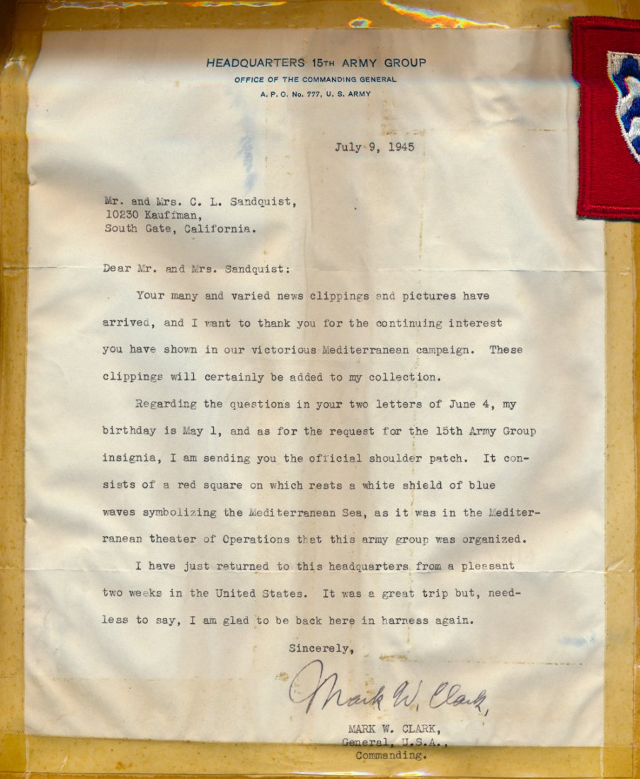 GEN. HUGH GAFFEY AND GEN. MARK CLARK: GEN. HUGH GAFFEY AND GEN. MARK CLARK Pair of war date letters, includes: HUGH J. GAFFEY, (1895-1946) Brigadier General and Chief of Staff for George Patton, commanded the 4th Armored Div., killed in a
