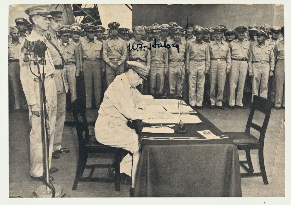 WILLIAM F. HALSEY AND FORREST SHERMAN: WILLIAM F. HALSEY AND FORREST SHERMAN paper stock photo of the Japanese surrender ceremony aboard the USS MISSOURI in Tokyo Bay, 8 3/4" x 6" b/w, signed by WILLIAM F. HALSEY (signature apparently trac