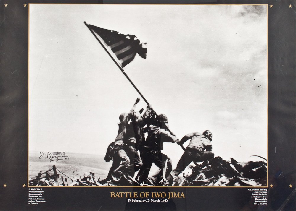 JOE ROSENTHAL: JOE ROSENTHAL American press photographer who covered the Pacific during Woirld War II, took the famous photograph of Marines hoisting the flag on Iwo Jima. Fine S.P., 20" x 28" b/w, a National Archiv
