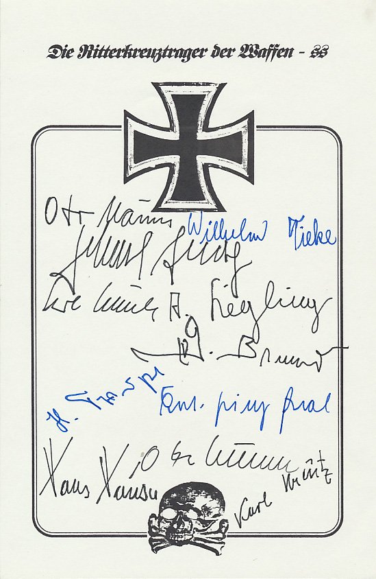 WAFFEN-SS KNIGHTS CROSS RECIPIENTS: WAFFEN-SS KNIGHTS CROSS RECIPIENTS Group of eleven signatures of members of the Waffen-SS who were awarded the Knights Cross, all on a 5 1/2" x 8 1/2" book plate, includes: OTTO KUMM, HELMUT SCHOLZ, K