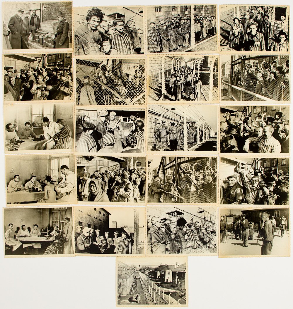 SOVIET SOLDIERS LIBERATED CAMPS: SOVIET SOLDIERS LIBERATED CAMPS Lot of 21 4 1/2" x 3" photos, likely second generation, Russian wartime images of soldiers liberating concentration camps, cheering prisoners, prisoners being examined 