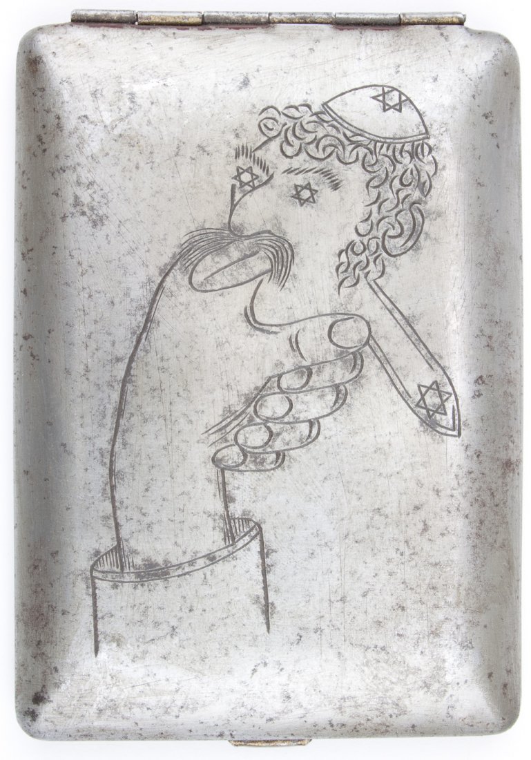 GERMAN ANTI-SEMITIC CIGARETTE CASE: GERMAN ANTI-SEMITIC CIGARETTE CASE German or Soviet cigarette case, 3" x 4 1/4" (closed), bears and engraved image of a hand apparently choking a figure of a Jew wearing a yarmulke with a Star of Davi