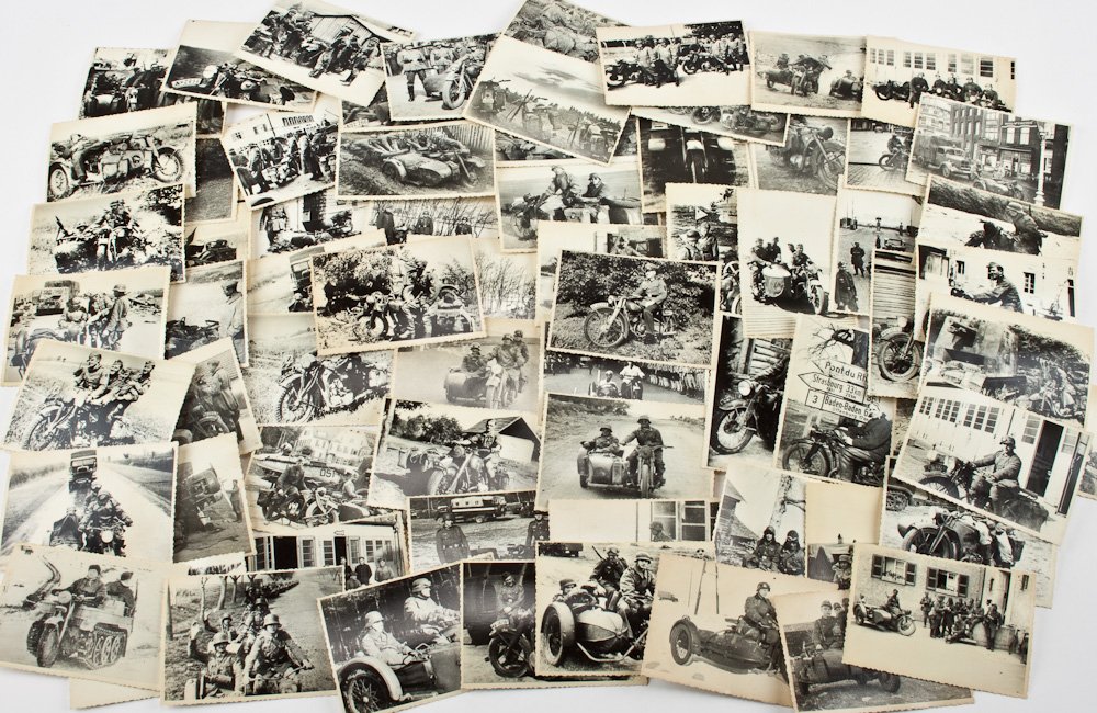 WEHRMACHT MOTORCYCLE UNITS: WEHRMACHT MOTORCYCLE UNITS Lot of about 70 4 1/2" x 3" photos, likely second generation, Ukrainian archive images German motorcyclists and their machines on the road and posed. Images likely captured 