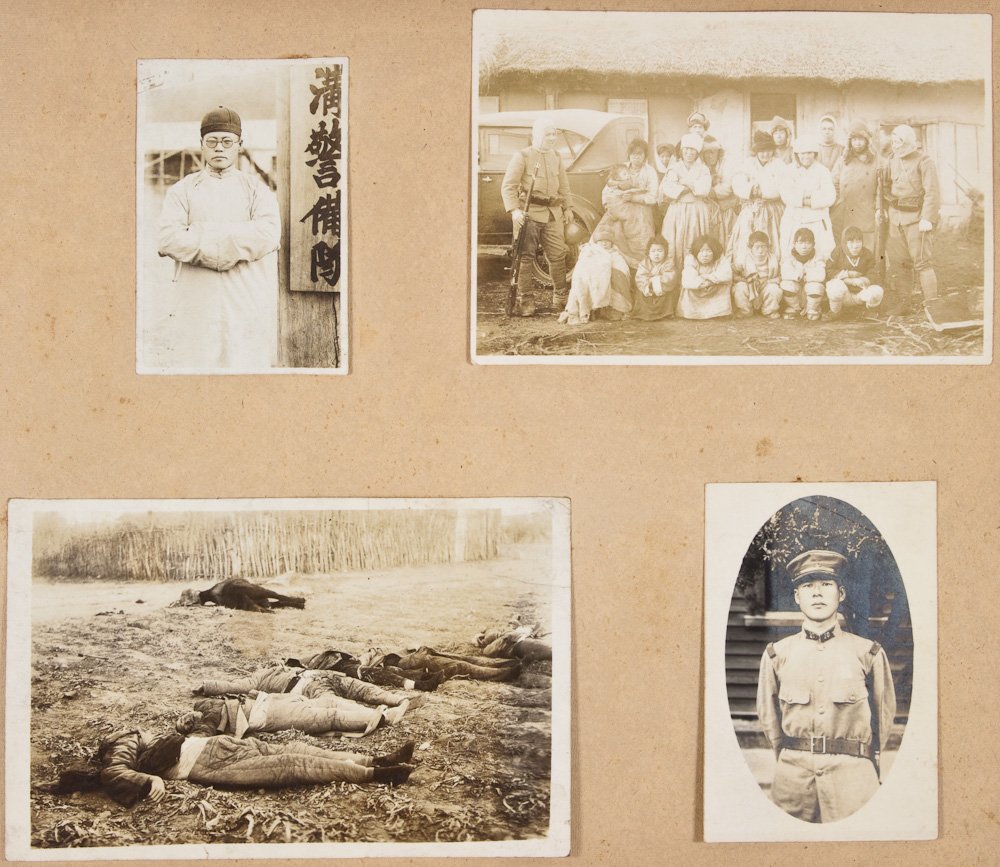 JAPANESE "HONOR TO YOUR COUNTRY" PHOTO ALBUM: JAPANESE "HONOR TO YOUR COUNTRY" PHOTO ALBUM Japanese soldier's photo album containing about 70 photos averaging 5" x 4". The 14" x 10" album bears a patriotic motif of a hawk and Japanese flag on the
