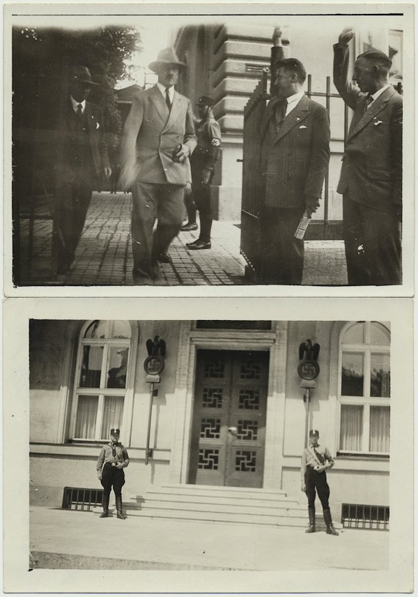 ADOLF HITLER: ADOLF HITLER Fine lot of two original candid photos, each 2 1/2" x 3 1/2" b/w, the first showing Hitler full-length in civilian garb in Munich as he is saluted by several civilians, the second an exte