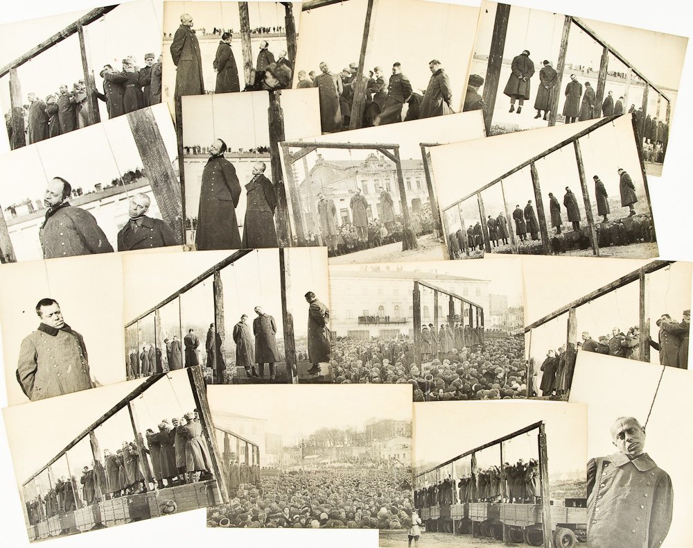 NAZI WAR CRIMINALS ARE EXECUTED: NAZI WAR CRIMINALS ARE EXECUTED Lot of 16 gruesome images of German military men being publicly executed en masse, each photo 5" x 3 1/2" and indicating it is from the archive of Soviet photographer G