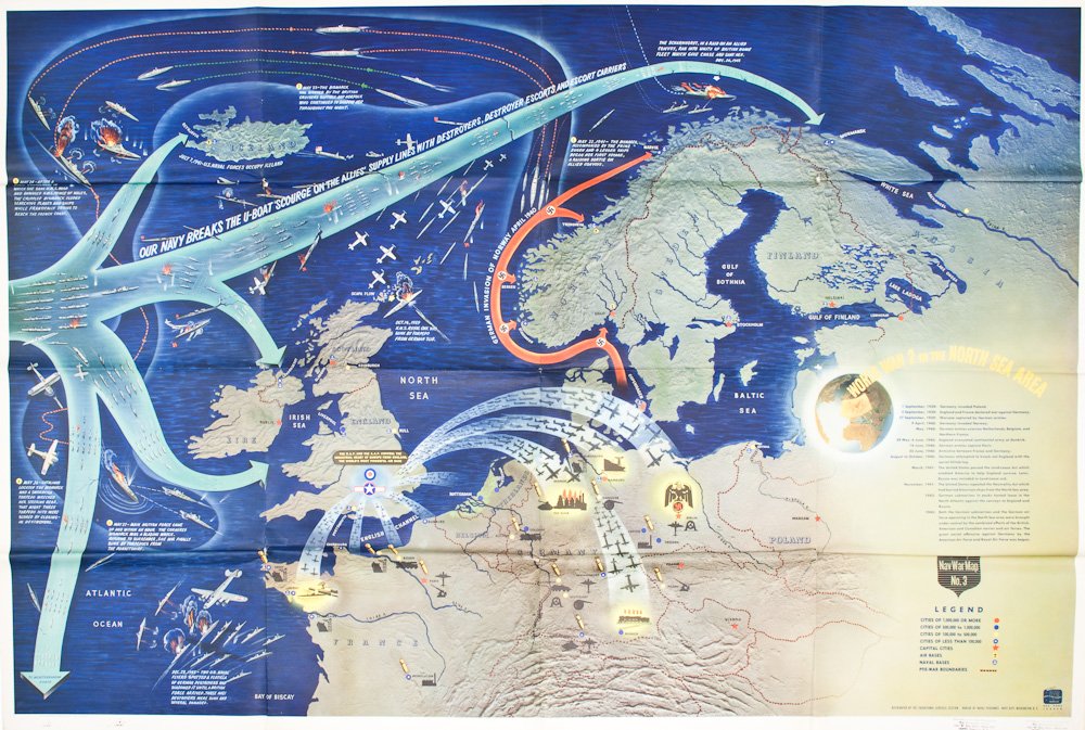 WORLD WAR II IN THE NORTH SEA: "WORLD WAR II IN THE NORTH SEA" Superb and rare 58" x 40" Navy Dept. poster used for instructional purposes, published by the Government Printing Office, 1944. The poster, titled "WORLD WAR 2 IN THE N