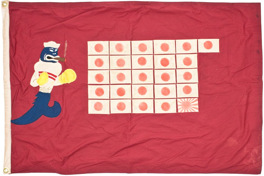 U.S.S. JACK BATTLE FLAG: U.S.S. JACK BATTLE FLAG Battle flag from the attack submarine USS JACK (SS-259), 43" x 29", a one-sided contemporary flag apparently made just at war's end and meant for display only. The flag shows t