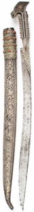 OTTOMAN EMPIRE (BALKAN) SILVER MOUNTED YATAGAN SWORD: OTTOMAN EMPIRE (BALKAN) SILVER MOUNTED YATAGAN SWORD Superb quality antique 18th -19th century silver mounted Turkish Ottoman Islamic sword ("Yatagan, Yataghan"). A curved single-edged blade, decorate