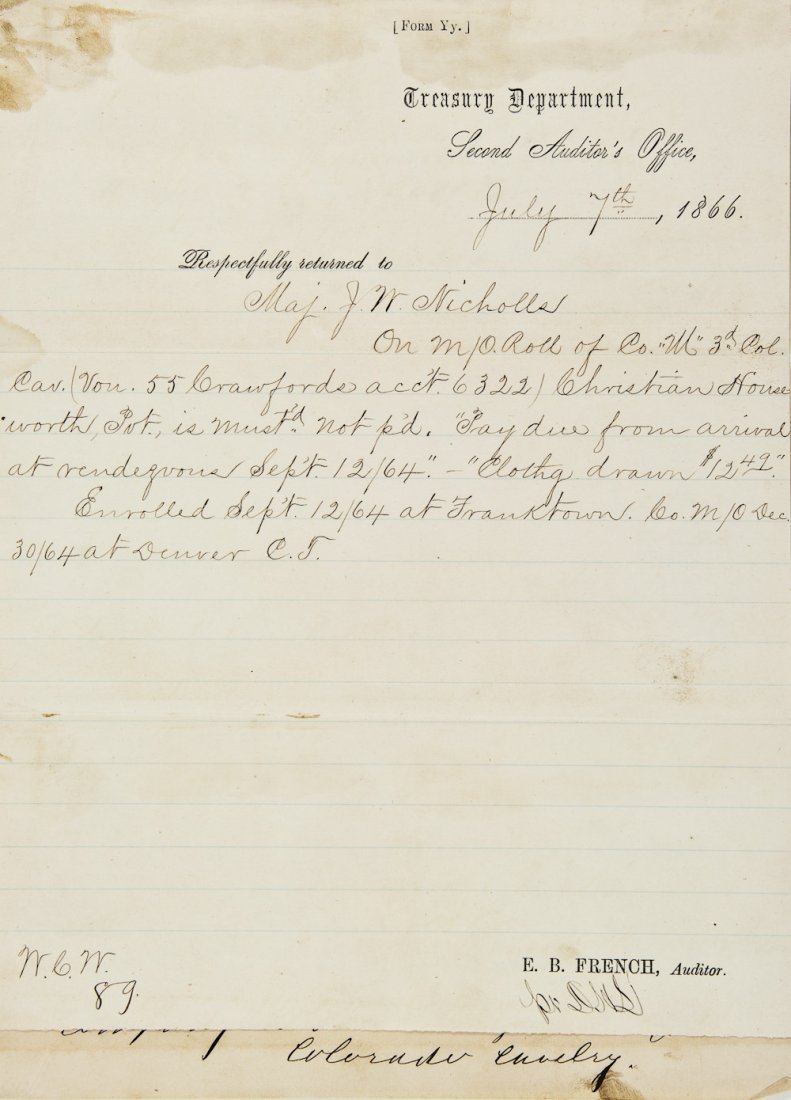 SAND CREEK MASSACRE VETERAN, 3RD REG. COLORADO CAV.: SAND CREEK MASSACRE VETERAN, 3RD REG. COLORADO CAV. An excessively rare document, 1p. 4to., [n.p.], July 10, 1866, a receipt for three months' pay received by Pvt. Christian Houseworth, "M" Co., 3rd C