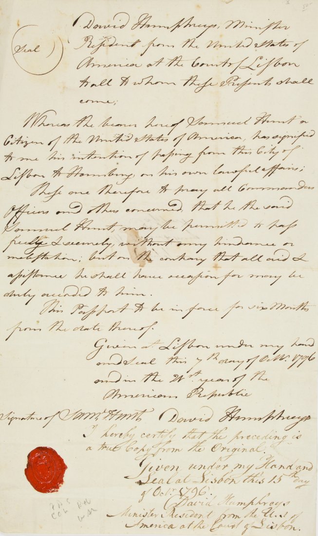 DAVID HUMPHREYS: DAVID HUMPHREYS (1752-1818), American soldier and diplomat. He was a colonel in the Continental Army during the Revolutionary War, serving as aide de camp to George Washington. A.D.S. as U.S. Minster 