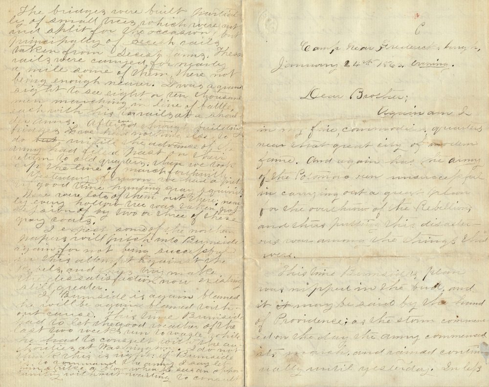 "MUD MARCH" LETTER: "MUD MARCH" LETTER Pair of Union soldier's letters written by Pvt. David F. Ferris, Co. E, 44th New York ("Ellsworth Avengers"),[KIA at Gravelly Run, Va., 3/31/65], Camp near Fredericksburg, Jan. 24, 