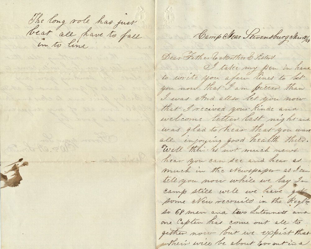 IRISH BRIGADE CELEBRATES ST. PATRICKS BY "DRINKIN': IRISH BRIGADE CELEBRATES ST. PATRICKS BY "DRINKIN' [ENOUGH] WHISKEY TO DROWN ST. PATRICK" A great Irish Brigade soldier's letter, 3pp. 8vo., written by Pvt. William A. Smith, Co., D, 116th Penn. Vols.