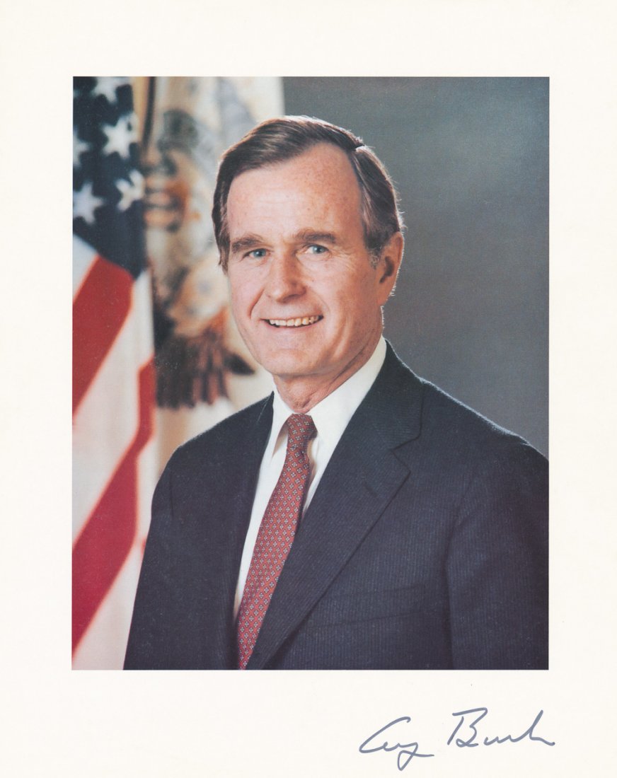 GEORGE H. BUSH: GEORGE H. BUSH (b. 1924) Forty-first President of the United States who ordered the attack on Iraq to liberate Kuwait. Lot of two items, includes an S.P. 8" x 10" color. a chest, up pose as vice presi