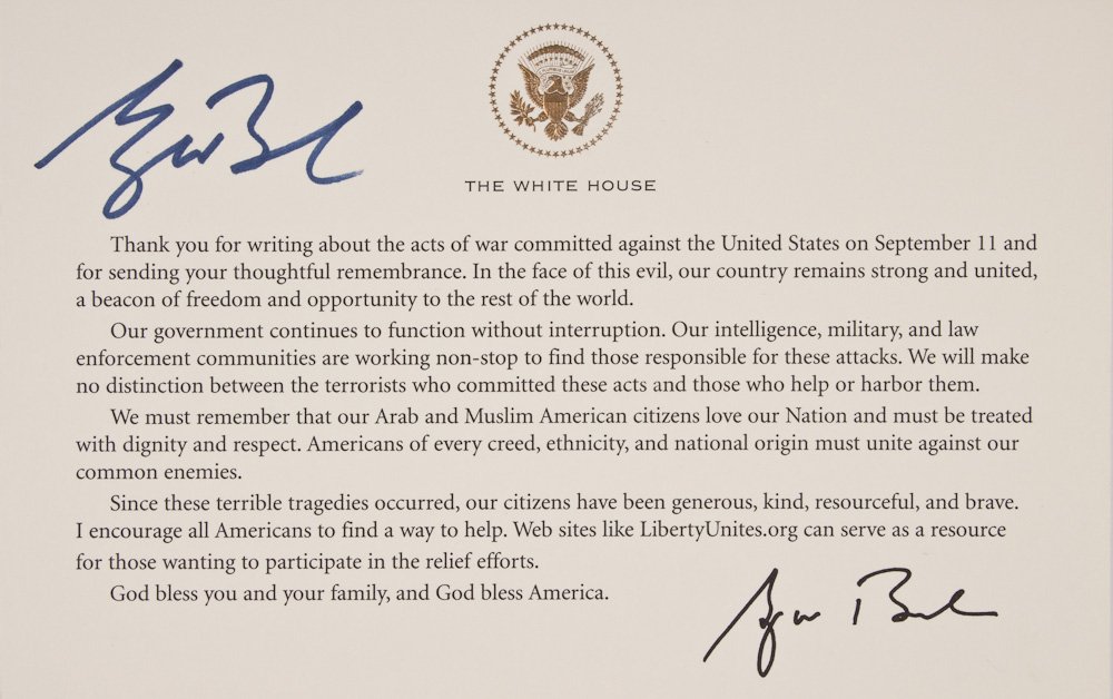 GEORGE W. BUSH: GEORGE W. BUSH (b. 1946) Forty-third President of the United States who won his office after a hotly-contested election. Fine content D.S., 1p. oblong 8vo., Washington, [n.d.], possibly signed as Pres