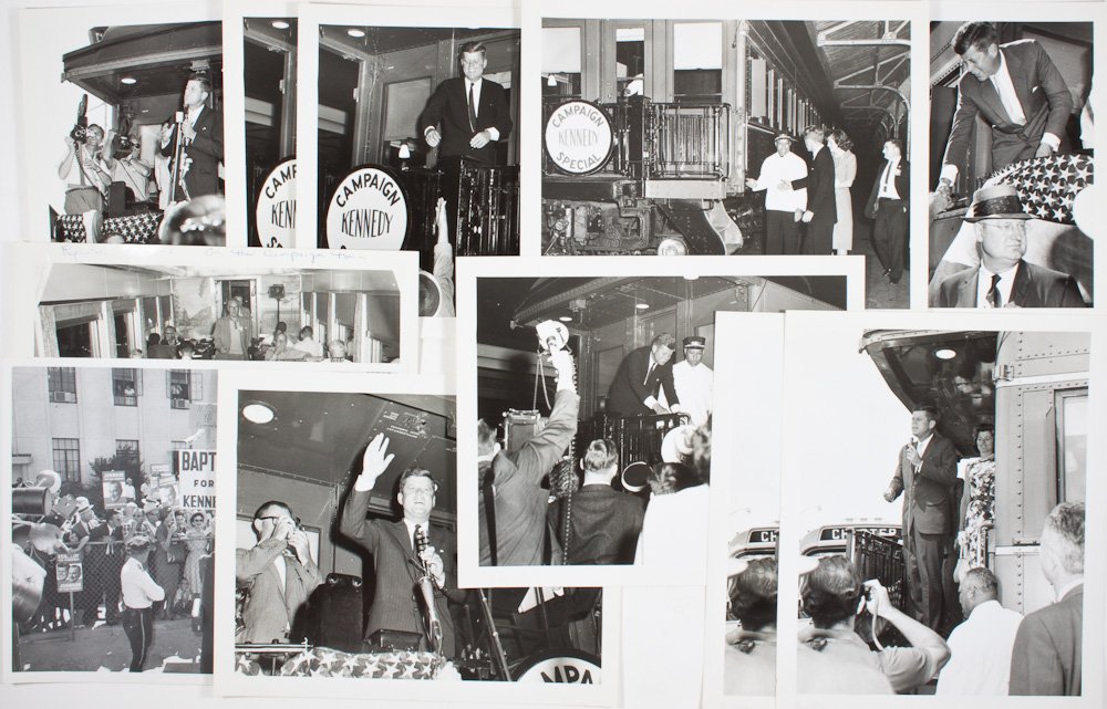 KENNEDY CAMPAIGN SPECIAL: "KENNEDY CAMPAIGN SPECIAL" Great lot of eleven 8" x 10" b/w photographs from Kennedy's 1960 trip aboard the "Kennedy Campaign Special", a campaign train that apparently made a few stops in California.