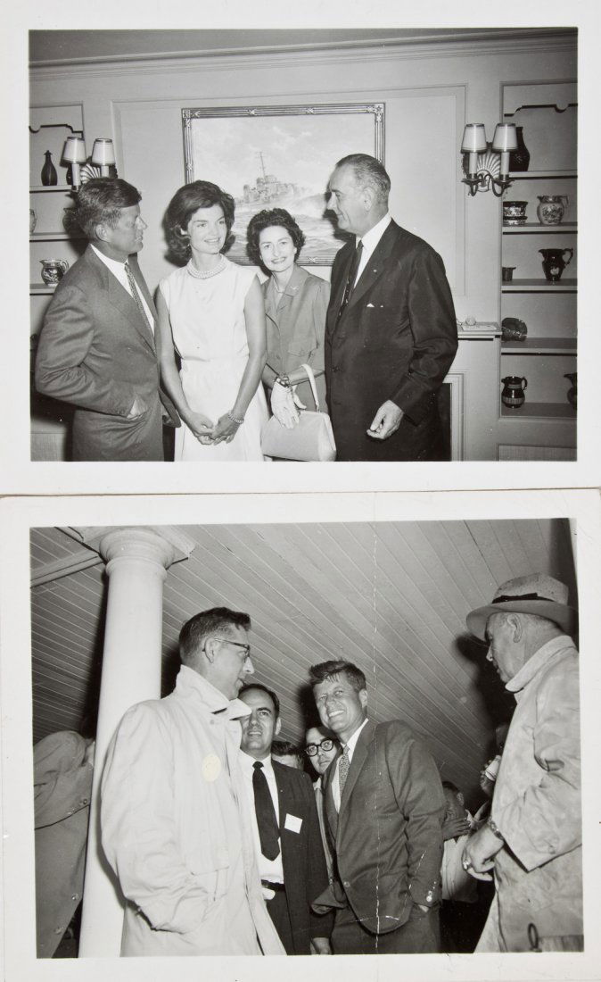 (JOHN F. KENNEDY): (JOHN F. KENNEDY) Pair of original candid photographs, each 5" x 4" b/w showing Kennedy with Lyndon Johnson at Hyannisport, and Kennedy on a deck at his residence (vertical crease). Sold with three se