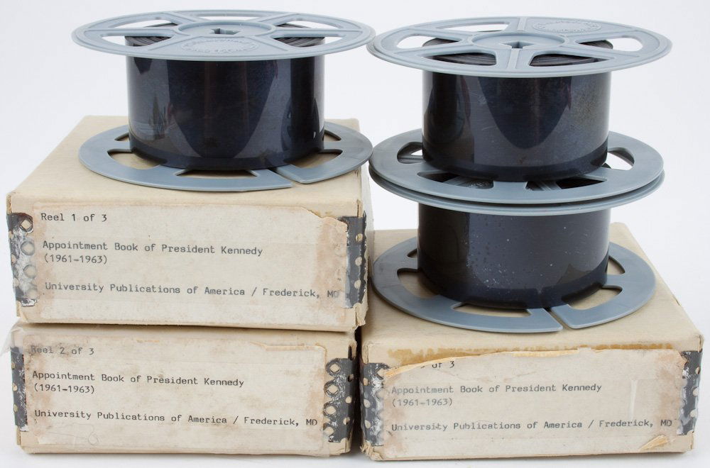 JOHN F. KENNEDY'S 1961-63 APPOINTMENT BOOK ON MICROFILM: JOHN F. KENNEDY'S 1961-63 APPOINTMENT BOOK ON MICROFILM Good lot of three reels of 1 1/4" microfilm photographs of typed pages from John F. Kennedy's presidential appointment books for the years 1961-