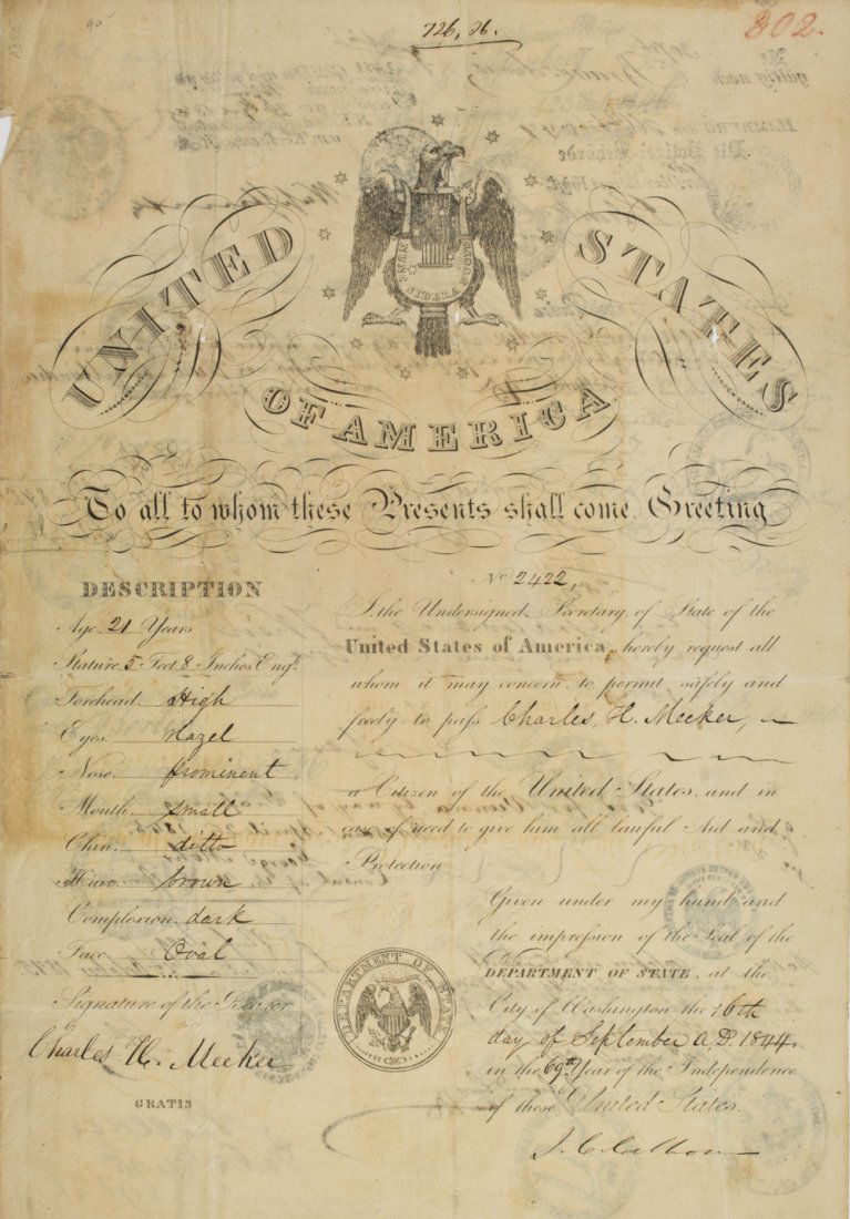 JOHN C. CALHOUN: JOHN C. CALHOUN (1782 - 1850) American politician from South Carolina. Partly printed D.S. "J.C. Calhoun" as Secretary of State, 1p, Sep. 6, 1844, folio, a passport issued to Charles H. Meeker. Genera