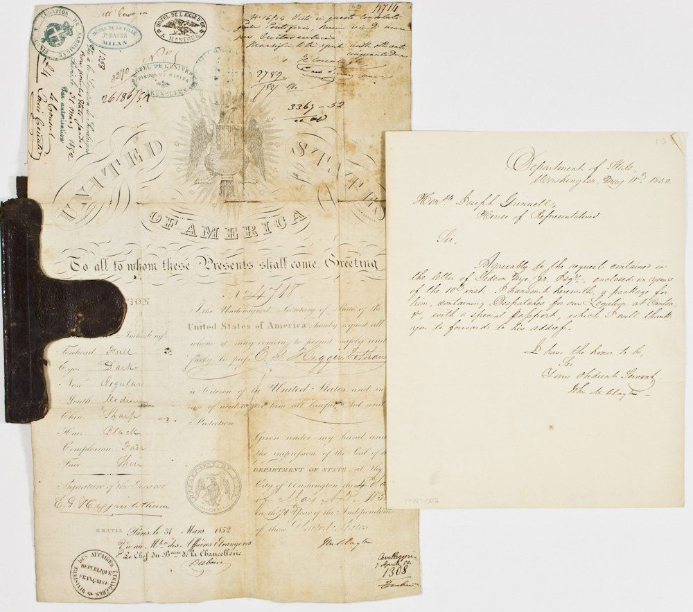 JOHN M. CLAYTON: JOHN M. CLAYTON (1796-1856) American politician and statesman from Delaware; U.S. Senator, Secretary of State. L.S. as Secretary of State, 1p. 4to., May 11, 1850, to Massachusetts Congressman Joseph G