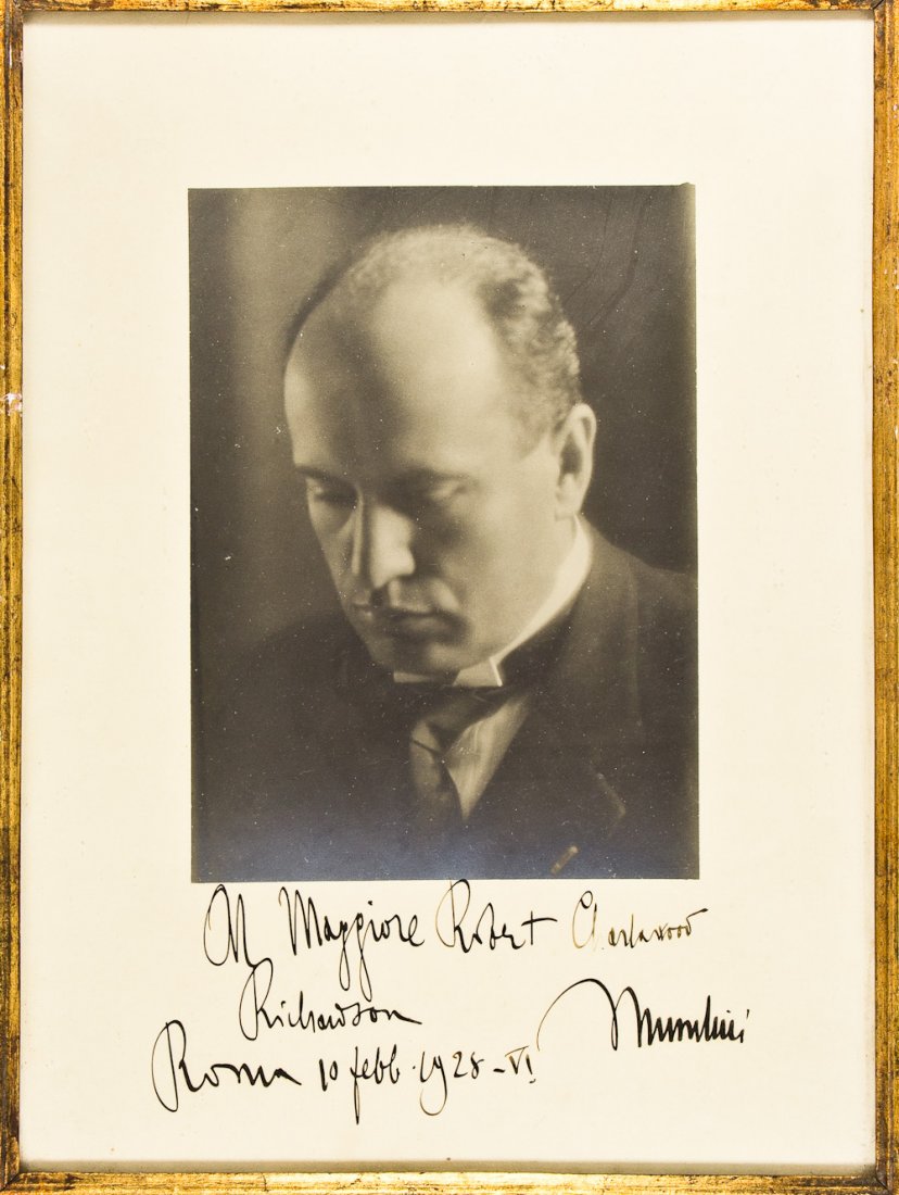 BENITO MUSSOLINI INSCRIBES HIS PHOTO TO A FUTURE: BENITO MUSSOLINI INSCRIBES HIS PHOTO TO A FUTURE AMERICAN FOUR-STAR GENERAL (1883 - 1945) Italian dictator whose fascist supporters marched on Rome, securing him power; allied with Hitler, after many 