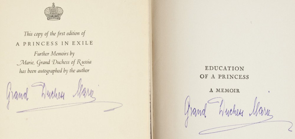GRAND DUCHESS MARIA PAVLOVNA: GRAND DUCHESS MARIA PAVLOVNA (1890 - 1958) Daughter of Grand Duke Paul Alexandrovich and Alexandra Georgievna of Greece, by marriage Princess of Sweden. Lot of two signed books, includes A Princess in