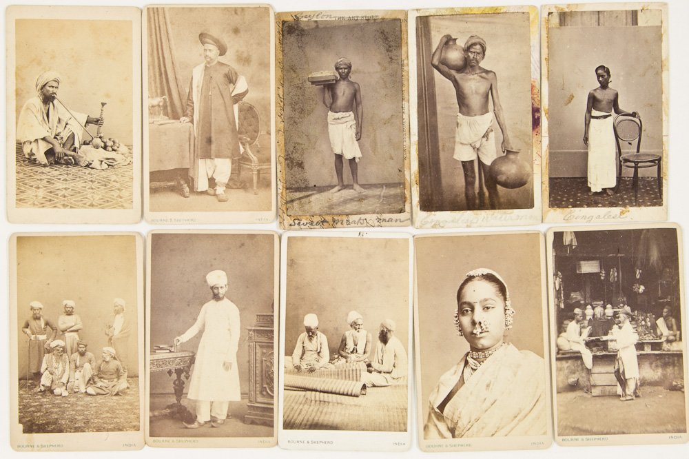 PHOTOGRAPHS OF INDIA, CA. 1860: PHOTOGRAPHS OF INDIA, CA. 1860 Lot of ten carte de visite photos of various representative Indians, ca. 1860, includes "thugs", street vendors, mat weavers, a high cast Hindu woman, a Brahmin, etc. So