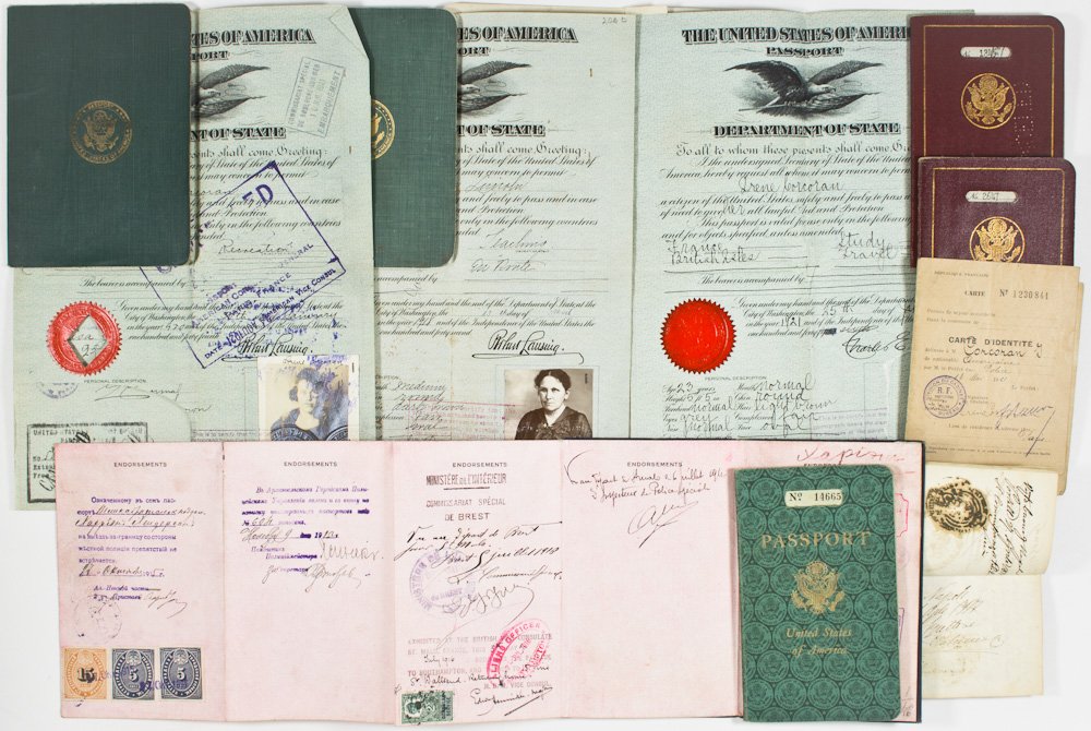 MIXED PASSPORT LOT: MIXED PASSPORT LOT Collection of eight passports in their original wraps, 1857-1945 (all but one is from the 20th century), six are American. One of the more interesting was issued to Abraham Seth Sch