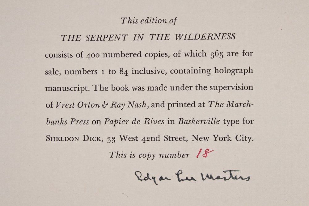 EDGAR LEE MASTERS: EDGAR LEE MASTERS (1868 - 1950) American poet, biographer, and dramatist, the author of Spoon River Anthology and The New Star Chamber. His book The Serpent in the Wilderness, (New York: Sheldon Dick)