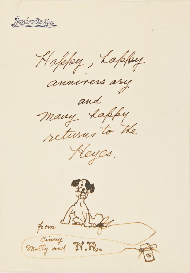 NORMAN ROCKWELL: NORMAN ROCKWELL (1894 - 1978) American painter and illustrator known for his homey, American genre paintings. Bold inscription and original drawing on the blank cover of an octavo Croatian cruise line