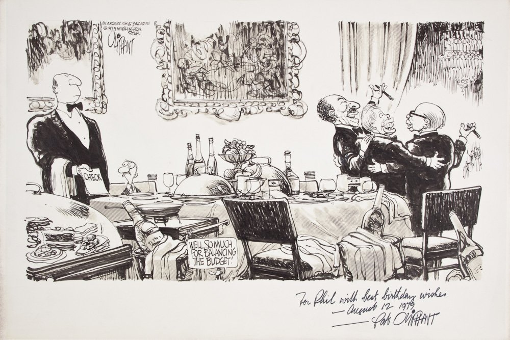 PAT OLIPHANT: PAT OLIPHANT (b. 1935) Editorial cartoonist whose career spans more than fifty years. His trademark is a small penguin character named Punk, who is often seen making a comment about the subject of the