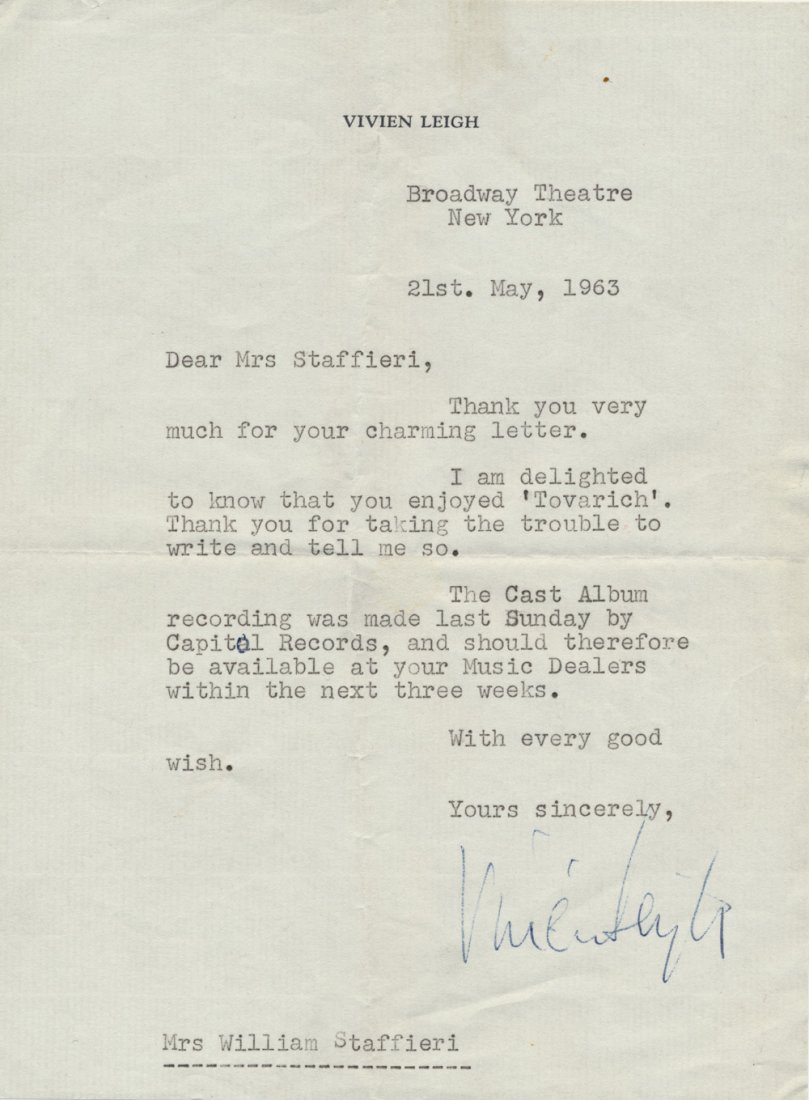 VIVIEN LEIGH: VIVIEN LEIGH (1913 - 1967) English film actress best known for her Academy Award-winning role as Scarlett in "Gone With the Wind". T.L.S. on her personal letterhead, 1p. 8vo., Broadway Theatre, New Yo