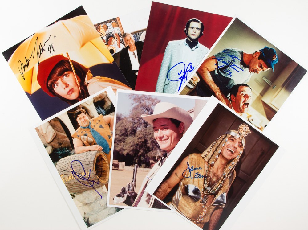 ACTORS AND ENTERTAINERS: ACTORS AND ENTERTAINERS Lot of 18 items signed by noted actors, includes signed photos of JIM CARREY, TONY CURTIS, LARRY HAGMAN, BARBARA FELDON, JOHN GOODMAN, covers signed by TED DANSON, BETTY WHITE,