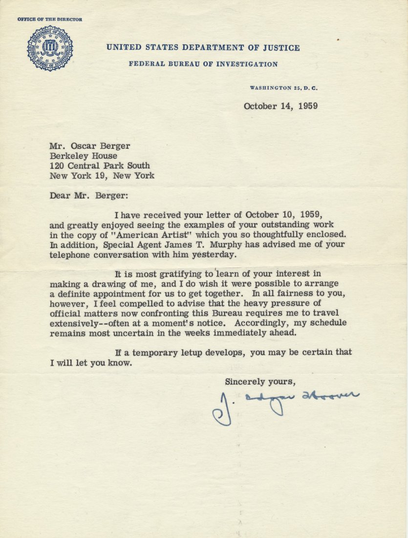 J. EDGAR HOOVER: J. EDGAR HOOVER (1895 - 1972) Controversial Director of the F.B.I. who built the organization into the world's finest investigative agency. T.L.S. on official letterhead, 1p. 4to., Washington, Oct. 14