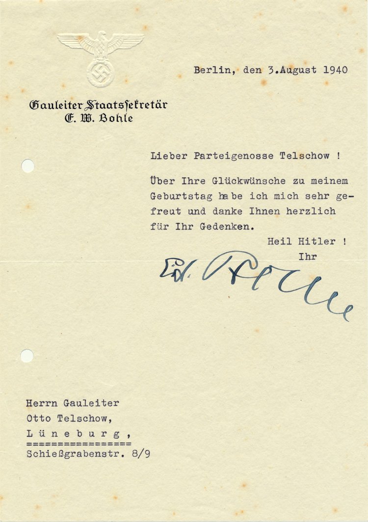 ERNST WILHELM BOHLE: ERNST WILHELM BOHLE (1903 - 1960) Nazi Gauleiter of the overseas branch accused of assisted Hess in writing a letter in English to the Duke of Hamilton but cleared himself by claiming that be believed